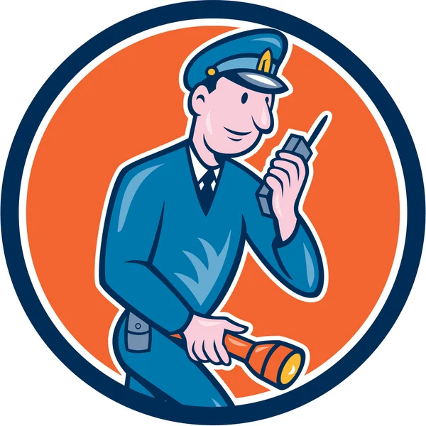 Policeman Torch Radio Circle Cartoon — Stock Vector