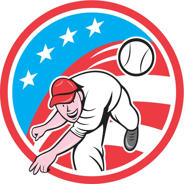 Baseball Pitcher Outfielder Throwing Ball Circle Cartoon — Stock Vector