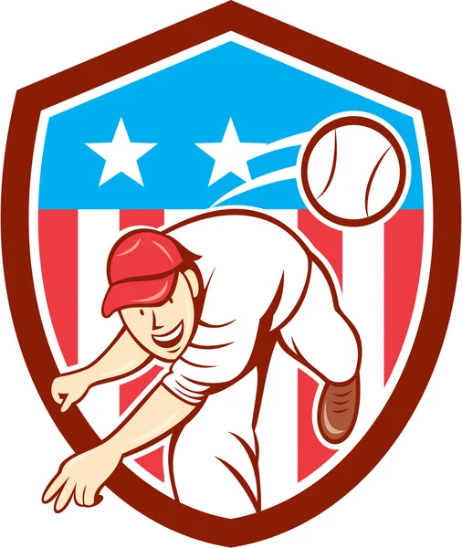 Baseball arremessador Outfielder jogando bola escudo Cartoon — Vetor de Stock