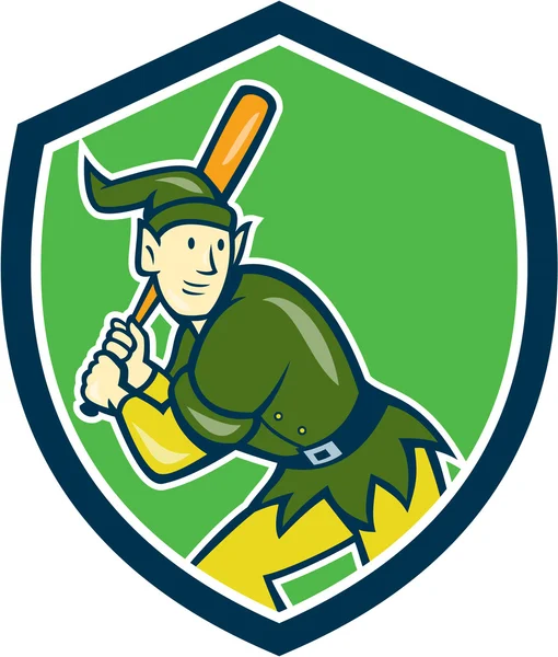 Elf Baseball Player Batting Shield Cartoon — Stock Vector