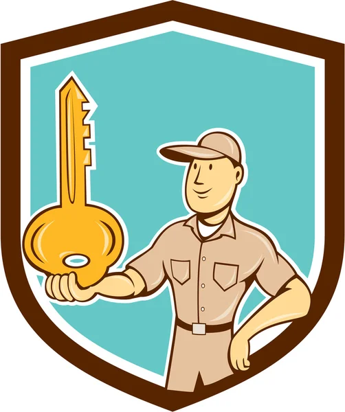 Locksmith Balancing Key Palm Shield Cartoon — Stock Vector