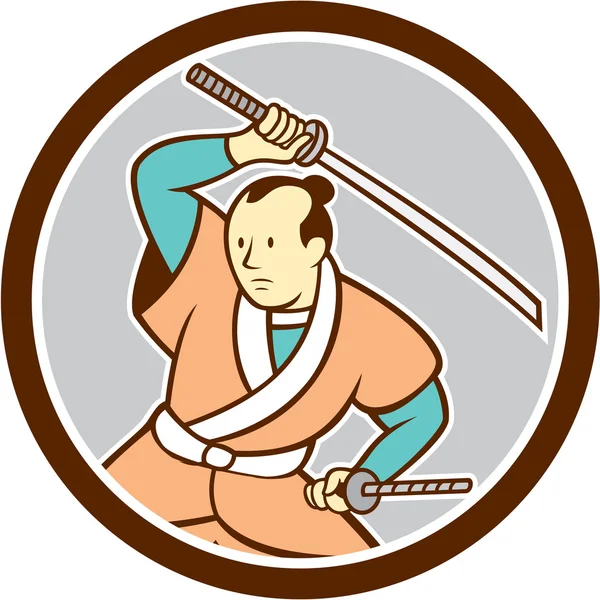 Samurai Guerreiro Katana Círculo de Espadas Desenhos Animados — Vetor de Stock