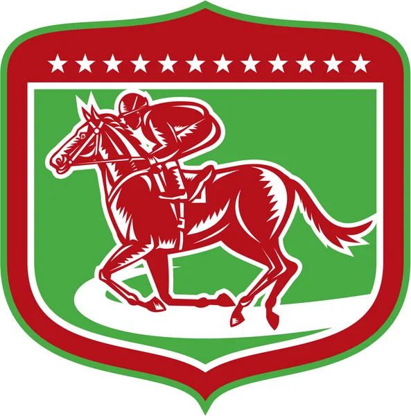 Jockey paardenrennen kant Shield houtsnede — Stockvector