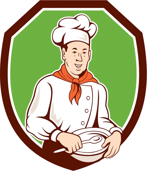 Chef cocinero celebración cuchara tazón escudo dibujos animados — Archivo Imágenes Vectoriales