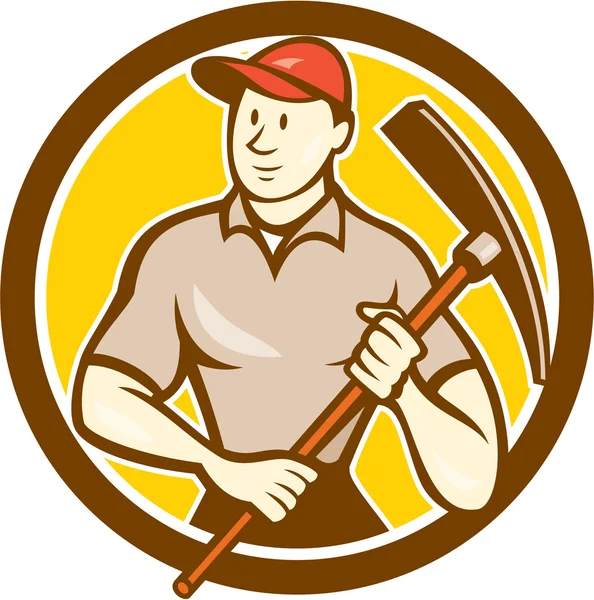 Obrero de la construcción sosteniendo Pickaxe Circle Cartoon — Vector de stock