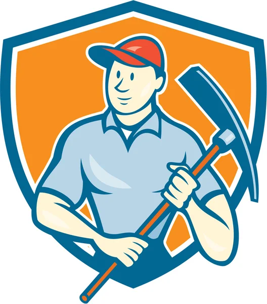 Obrero de la construcción sosteniendo Pickaxe Escudo de dibujos animados — Vector de stock