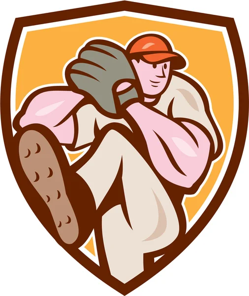 Béisbol lanzador Outfielder pierna hasta escudo de dibujos animados — Vector de stock