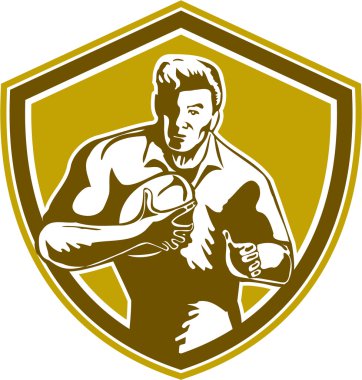 Rugby Player Running Fending Shield Retro clipart