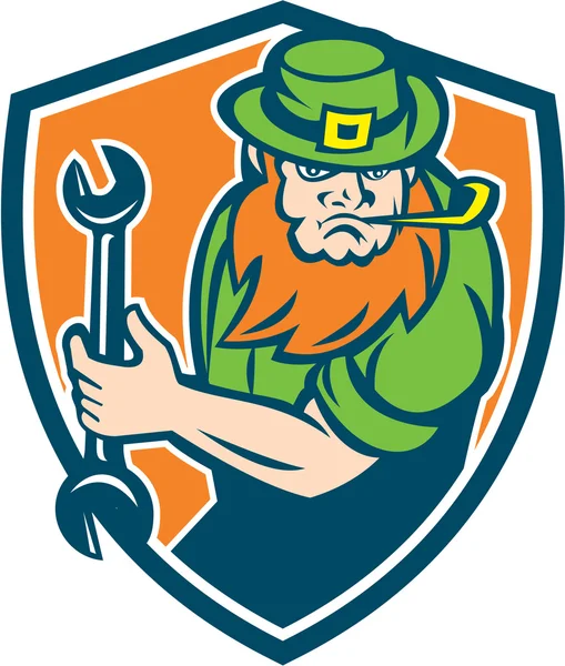 Leprechaun Mechanic Spanner Shield Retro — Stock Vector