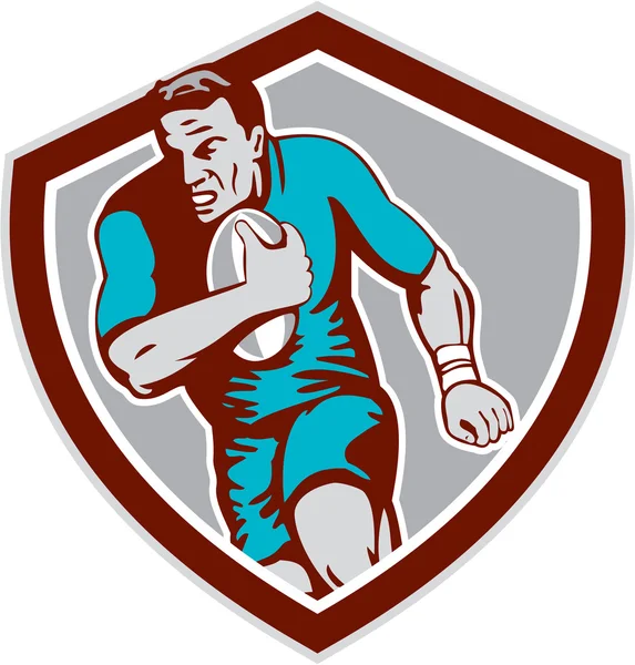 Rugby speler lopende bal schild retro — Stockvector