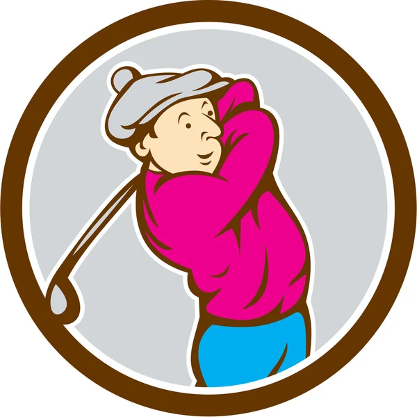 Golfer swingende Club cirkel Cartoon — Stockvector