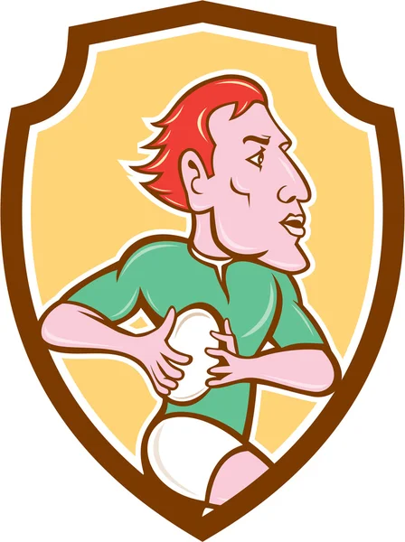 Jugador de rugby corriendo bola escudo de dibujos animados — Vector de stock