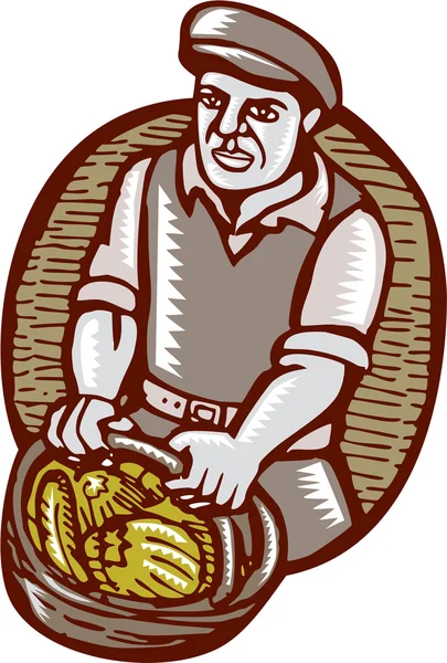 Cesta de colheita de agricultor orgânico Woodcut Linocut — Vetor de Stock