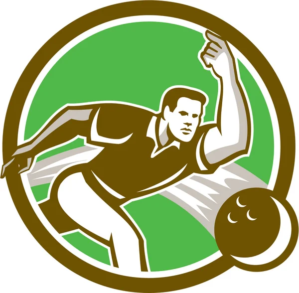 Bowler lanzando bolos bola círculo retro — Vector de stock