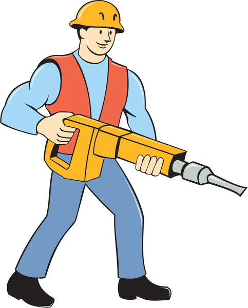 Construction Worker Holding Jackhammer Cartoon — Stock Vector
