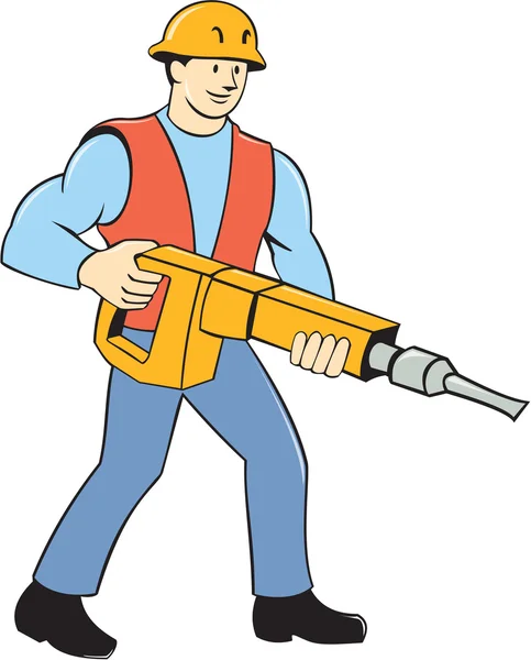 Obrero de la construcción sosteniendo Jackhammer Cartoon — Vector de stock