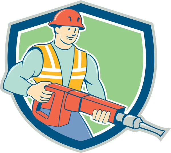 Obrero de la construcción Jackhammer Escudo de dibujos animados — Vector de stock