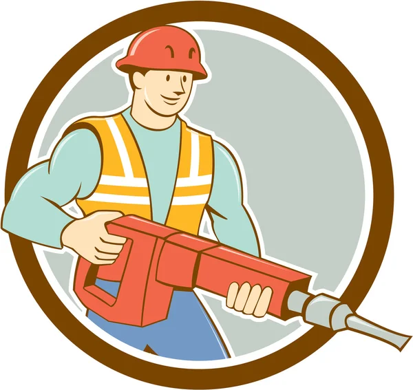 Obrero de la construcción Jackhammer Circle Cartoon — Vector de stock