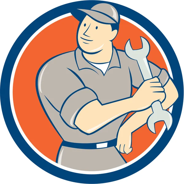 Mechanic Hold Spanner Wrench Circle Cartoon — Stock Vector