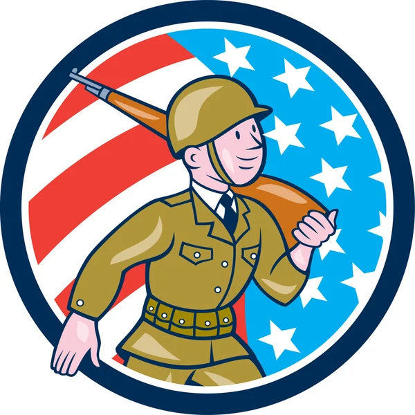 Seconda guerra mondiale Soldato americano Marching Cartoon Circle — Vettoriale Stock