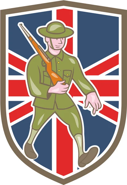 Soldado da Primeira Guerra Mundial Britânico Marchando Escudo dos Desenhos Animados — Vetor de Stock