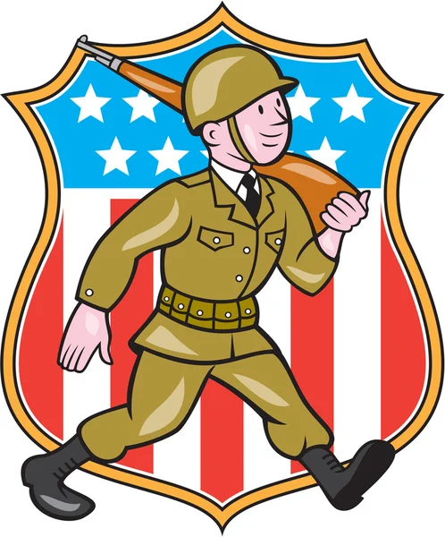 World War Two soldaat Amerikaanse Cartoon Shield — Stockvector