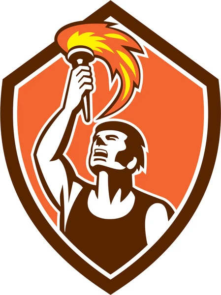 Athlete Player Raising Flaming Torch Shield Retro — Stock Vector