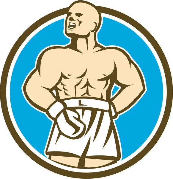 Campeón Boxeador Gritando Círculo Retro — Vector de stock