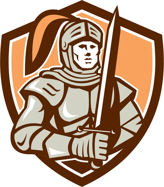 Knight Full Armor With Sword Shield Retro — Stock Vector