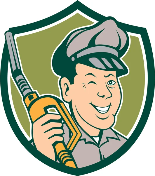 Gas Attendant Nozzle Winking Shield Cartoon — Stock Vector