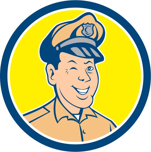 Policeman Winking Smiling Circle Cartoon — Stock Vector