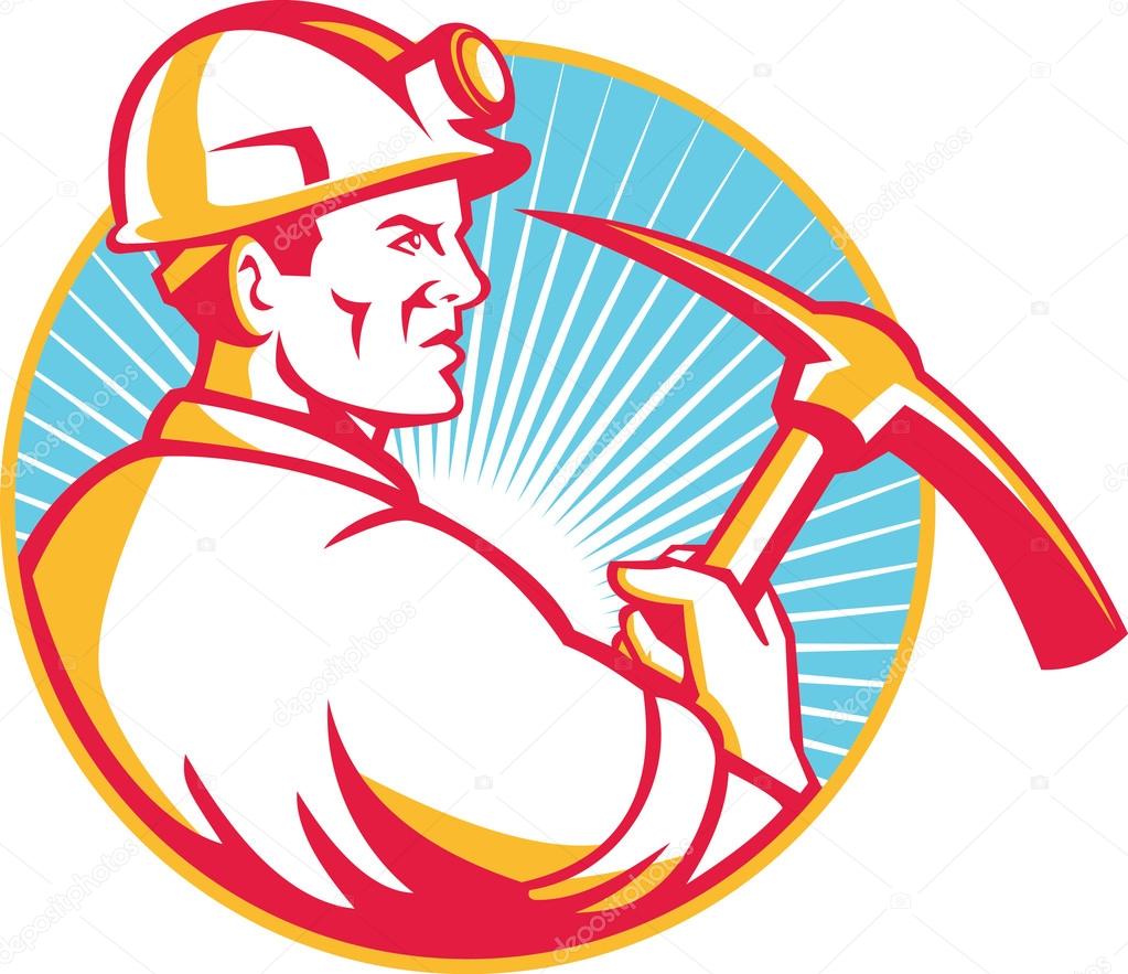 Coal Miner With Pick Axe Looking Up Retro