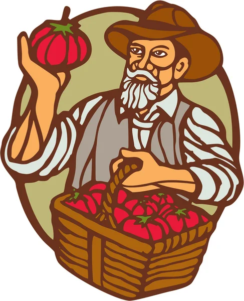 Organic Farmer Tomato Basket Woodcut Linocut — Stockvector