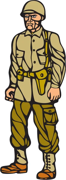 American World War Two Soldier Standing Linocut — Stock Vector