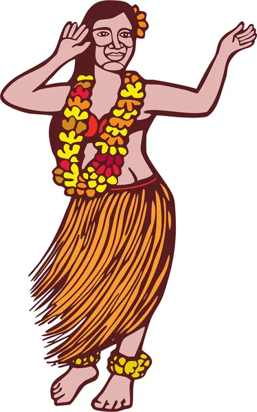 Polynesian Dancer Grass Skirt Linocut — Stock Vector