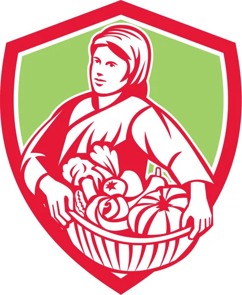 Female Organic Farmer Basket Harvest Shield Retro — Stock Vector