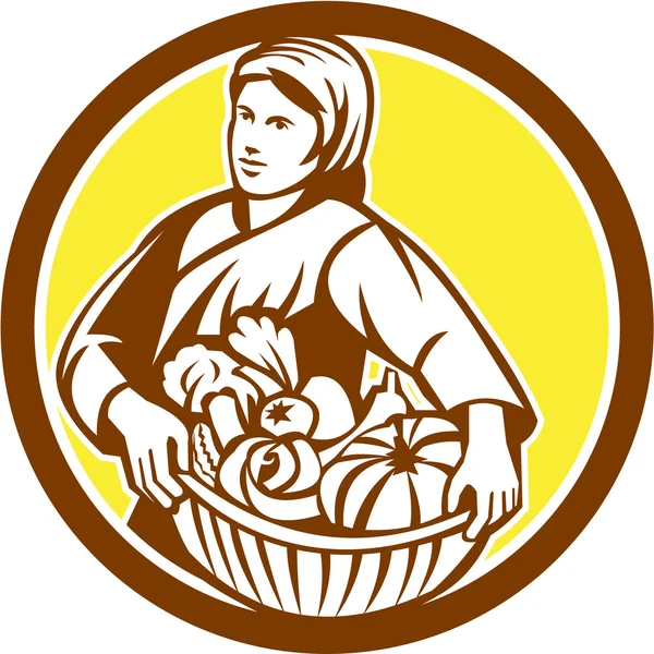 Female Organic Farmer Basket Harvest Retro — Stock Vector