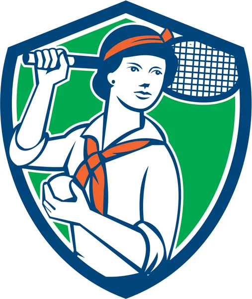 Joueuse de tennis féminine Racquet Vintage Shield Retro — Image vectorielle