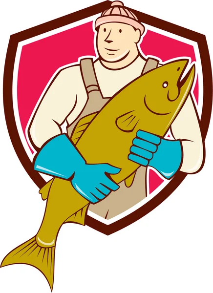 Fishmonger Holding Salmon Fish Shield Dibujos animados — Vector de stock