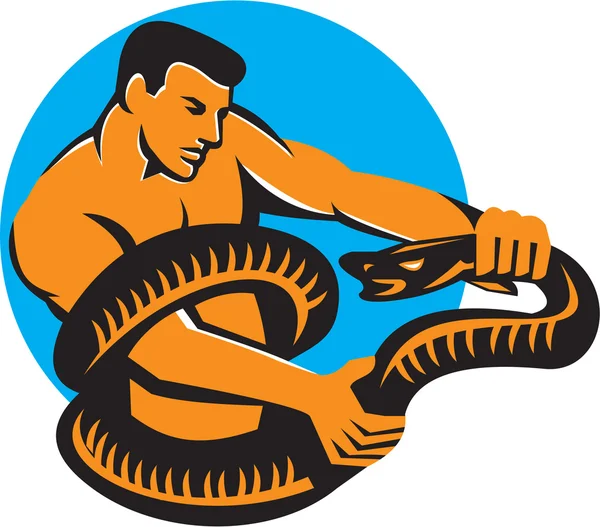 Man Fighting Boa Constrictor Snake Retro — Stock Vector