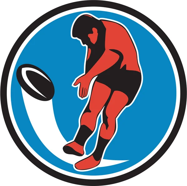 Rugbyspeler schoppen de bal cirkel Retro — Stockvector