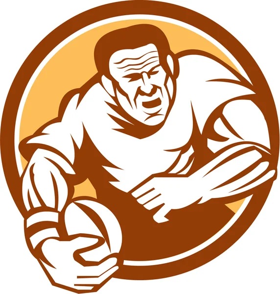 Top daire Linocut çalışan Rugby oyuncusu — Stok Vektör