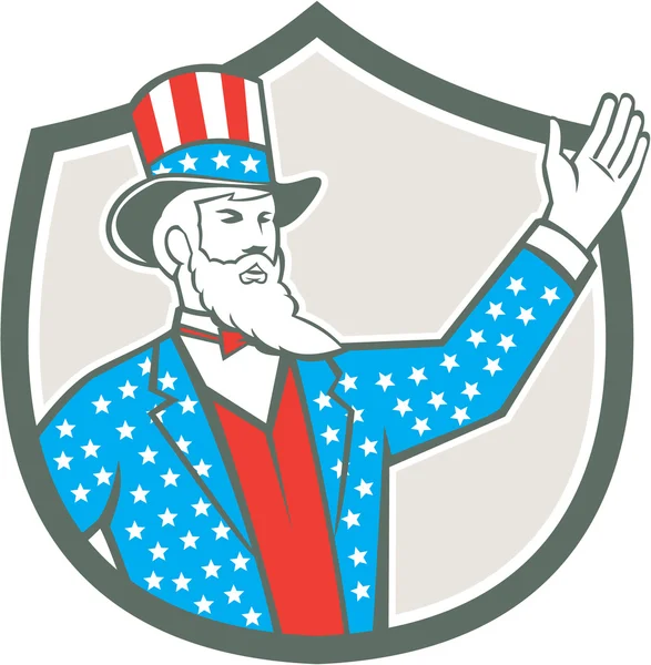 Tío Sam mano americana hasta escudo retro — Vector de stock