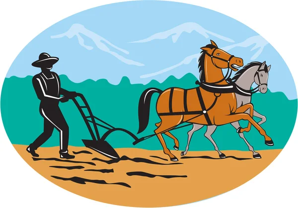 Farmer and Horses Plowing Field Cartoon — Stock Vector