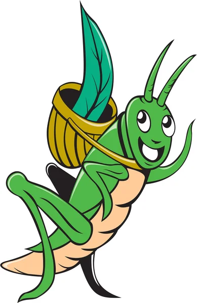 Grasshopper llevar cesta hierba dibujos animados — Vector de stock