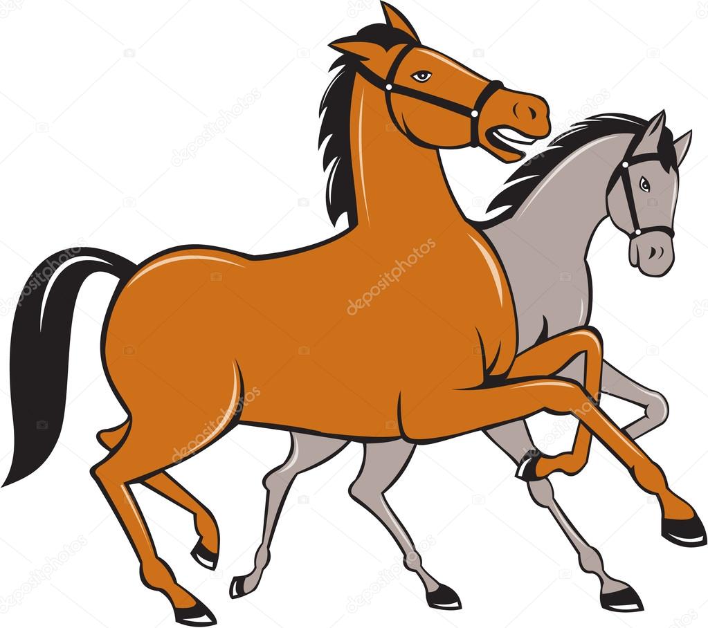 Two Horses Prancing Side Cartoon