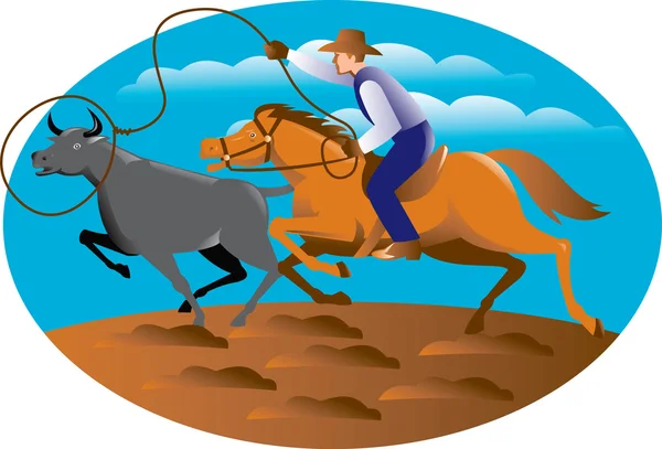 Cowboy equitazione cavallo lazo toro mucca — Vettoriale Stock