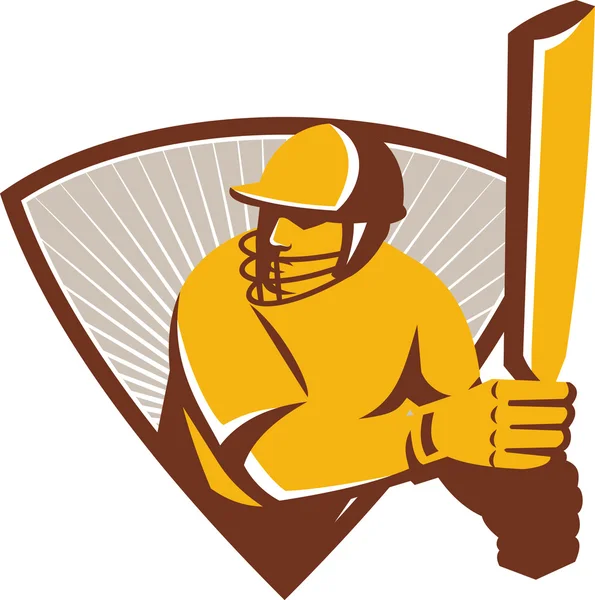 Cricket Batsman Batting Shield Retro — Stock Vector