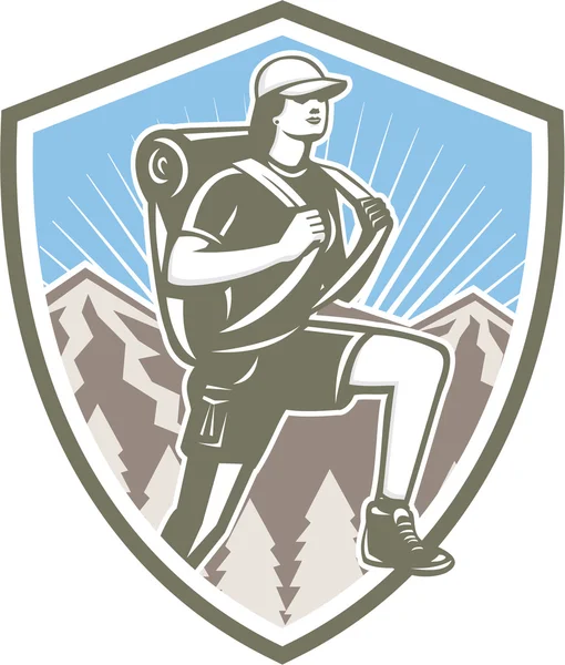 Escursionista femminile Escursionismo Mountain Shield Retro — Vettoriale Stock