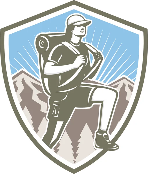 Senderista femenina Escudo de montaña Retro — Archivo Imágenes Vectoriales